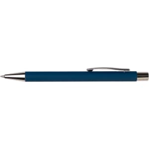 A blue pen with a silver clip and tip, featuring a smooth finish. It includes a branding logo.