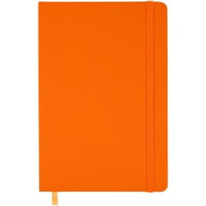 An orange notebook with a flexible cover and an elastic band closure. It features a gold ribbon bookmark.