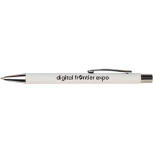 A white pen with a silver clip and branding on the barrel.
