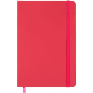 A bright pink notebook with a matching elastic band and a ribbon bookmark. It has a smooth cover and a logo.