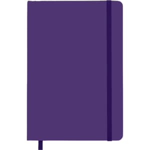A purple notebook with a band closure and a ribbon bookmark. It features a minimalistic design.