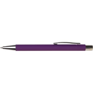 A purple pen with a silver clip and a shiny tip. It has a smooth grip and a sleek design.