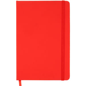 A red notebook with an elastic band closure and a ribbon marker. It features a solid cover and has no visible branding.