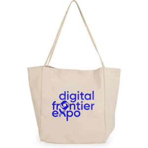 A beige tote bag with a blue logo featuring the text "digital frontier expo" on the front.