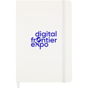 A white notebook featuring a blue logo, with a elastic band closure and a ribbon bookmark.
