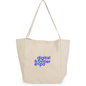 A beige tote bag featuring a logo. The bag has long handles for easy carrying.