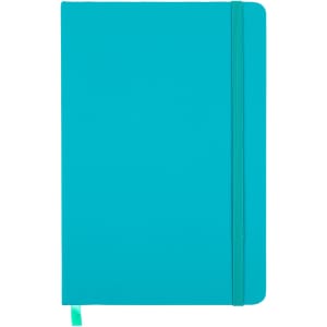 A turquoise notebook with a matching elastic band and ribbon marker, featuring a plain cover and no visible branding.