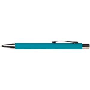 A turquoise ballpoint pen with a metallic clip and a sleek design.