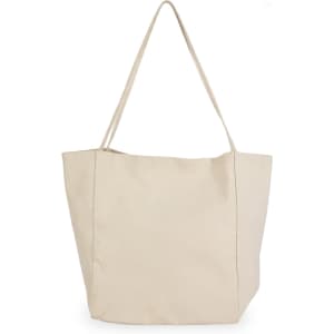 A beige tote bag with long handles and a spacious, open design. It features a simple shape and has a logo.