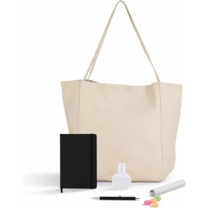 A beige tote bag with a black notebook, a white drink bottle, a black pen, and colourful highlighters.
