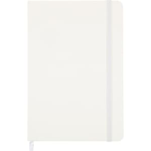A white notebook with a grey elastic band and a ribbon bookmark. It has a smooth cover and no visible branding.
