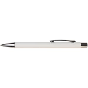A white pen with a silver clip and metal accents. The pen has a sleek, minimalist design.