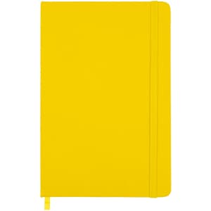 A yellow notebook with a smooth cover and an elastic closure. It features a ribbon bookmark.