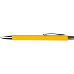 A yellow pen with a silver clip and a sleek design, featuring a branding logo.