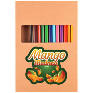 A pencil drawing set in a brown box with a variety of colored pencils, including shades of orange, pink, and purple.