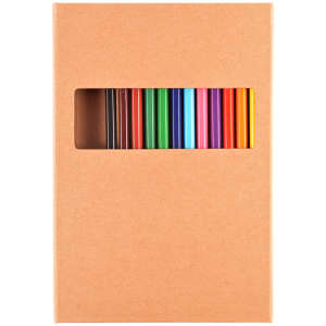 A box containing a variety of colored pencils in different shades, with a visible window showing the pencils inside.