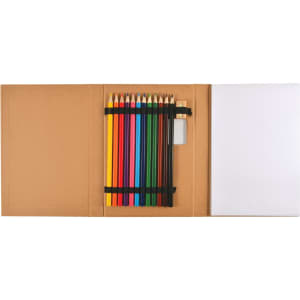 A pencil drawing set featuring twelve colored pencils in vibrant hues, a sharpener, and a blank sketchpad in a brown case.