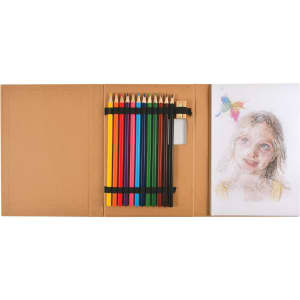 A pencil drawing set featuring 12 colored pencils in various shades and an illustration of a girl on the side.