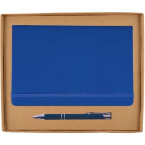 A blue notebook and a silver pen presented in a brown cardboard gift box. The set includes a logo.