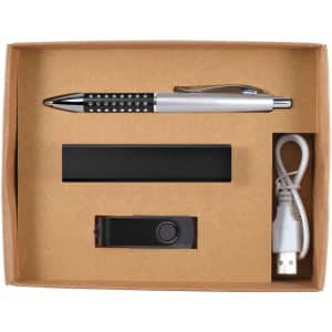 A gift set containing a pen, a power bank, a USB charging cable, and a flash drive, all presented in a cardboard box.