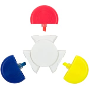 A set of four spinner highlighters in red, blue, yellow, and a central white holder.