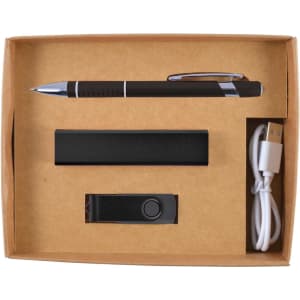 A cardboard gift box containing a black pen, a power bank, a USB flash drive, and a USB charging cable.