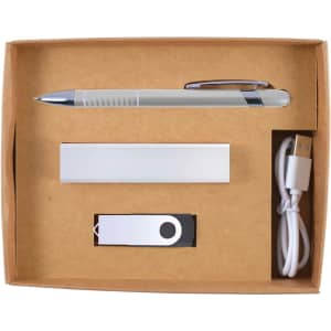 A cardboard gift box containing a silver pen, a power bank, a USB flash drive, and a charging cable.