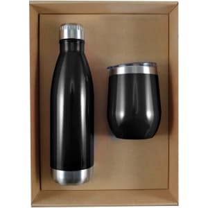 A drink bottle and a tumbler presented in a cardboard gift set, both featuring a sleek black design with silver accents.