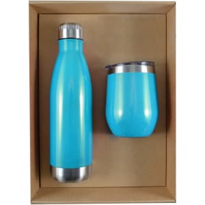 A drink bottle and matching tumbler set in bright blue, packaged together in a cardboard gift box.