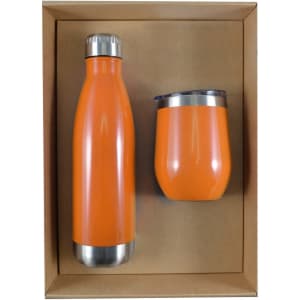 A drink bottle and a mug set in vibrant orange, presented in a cardboard gift box. The bottle features a stainless steel base.