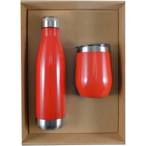 A drink bottle and a drinking cup in a vibrant red color, presented in a cardboard gift box.