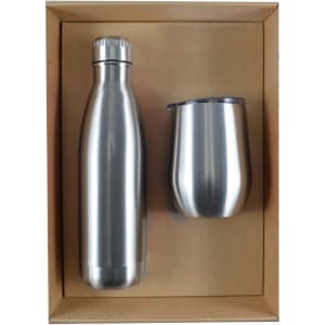 A drink bottle and a stainless steel tumbler are displayed in a cardboard gift set box.