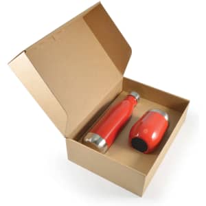 A red drink bottle and a red tumbler inside a cardboard gift box with an open lid. The box has a logo.