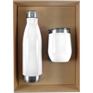 A drink bottle and a cup in white, presented in a cardboard gift set. Both feature stainless steel accents.