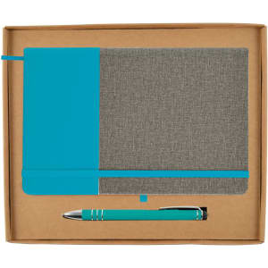 A notebook with a gray cover and teal accent, accompanied by a matching teal pen, presented in a kraft paper gift box.