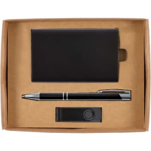 A gift set featuring a black wallet, a silver pen, and a USB flash drive, all presented in a cardboard box.