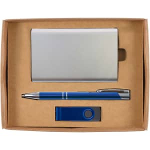 A blue pen, silver cardholder, and blue USB flash drive in a cardboard gift set.