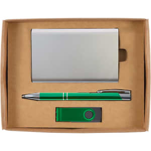 A cardboard gift set containing a silver card holder, green pen, and green USB drive.