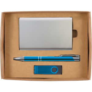 A gift set containing a metallic cardholder, a blue pen, and a blue USB flash drive, all presented in a cardboard box.