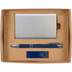 A gift set containing a sleek silver cardholder, a blue pen, and a blue USB drive, all presented in a cardboard box.