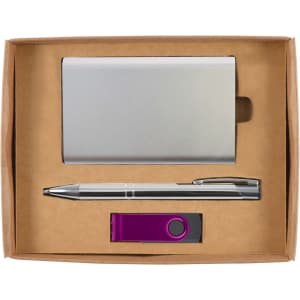 A silver cardholder, silver pen, and a purple USB drive arranged in a cardboard gift box.