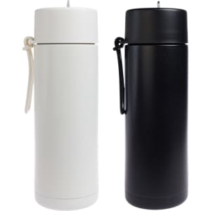 A set of two insulated tumblers, one in white and one in black, featuring flip-top lids and carrying straps.