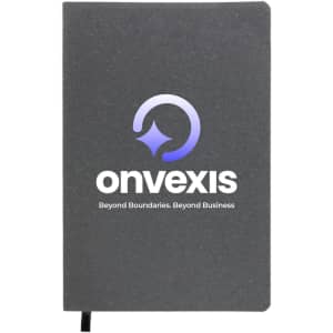 A grey notebook featuring a logo and a ribbon bookmark.