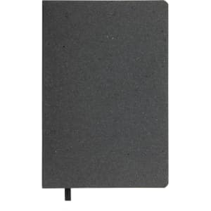A black notebook with a textured cover and a ribbon bookmark.