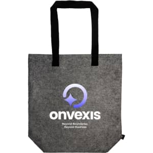 A grey tote bag with black handles and a logo displayed prominently on one side.