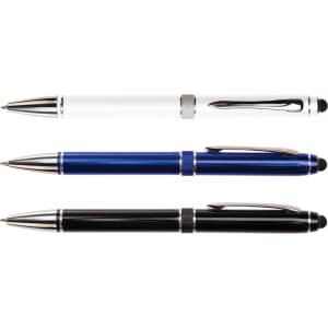 Three pens in white, blue, and black, each featuring a sleek design and metallic accents, with a brand logo visible.