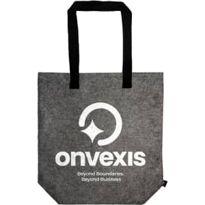 A grey tote bag with black handles featuring a logo and branding on the front.