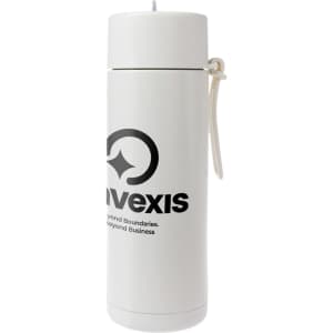 A white drink bottle with a logo, featuring a secure lid and a carrying strap.