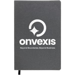 A grey notebook with a logo on the cover and a black ribbon bookmark.