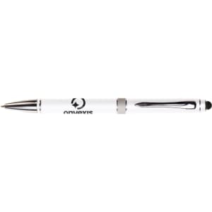 A white pen with a black grip and silver accents, featuring a logo on the barrel.